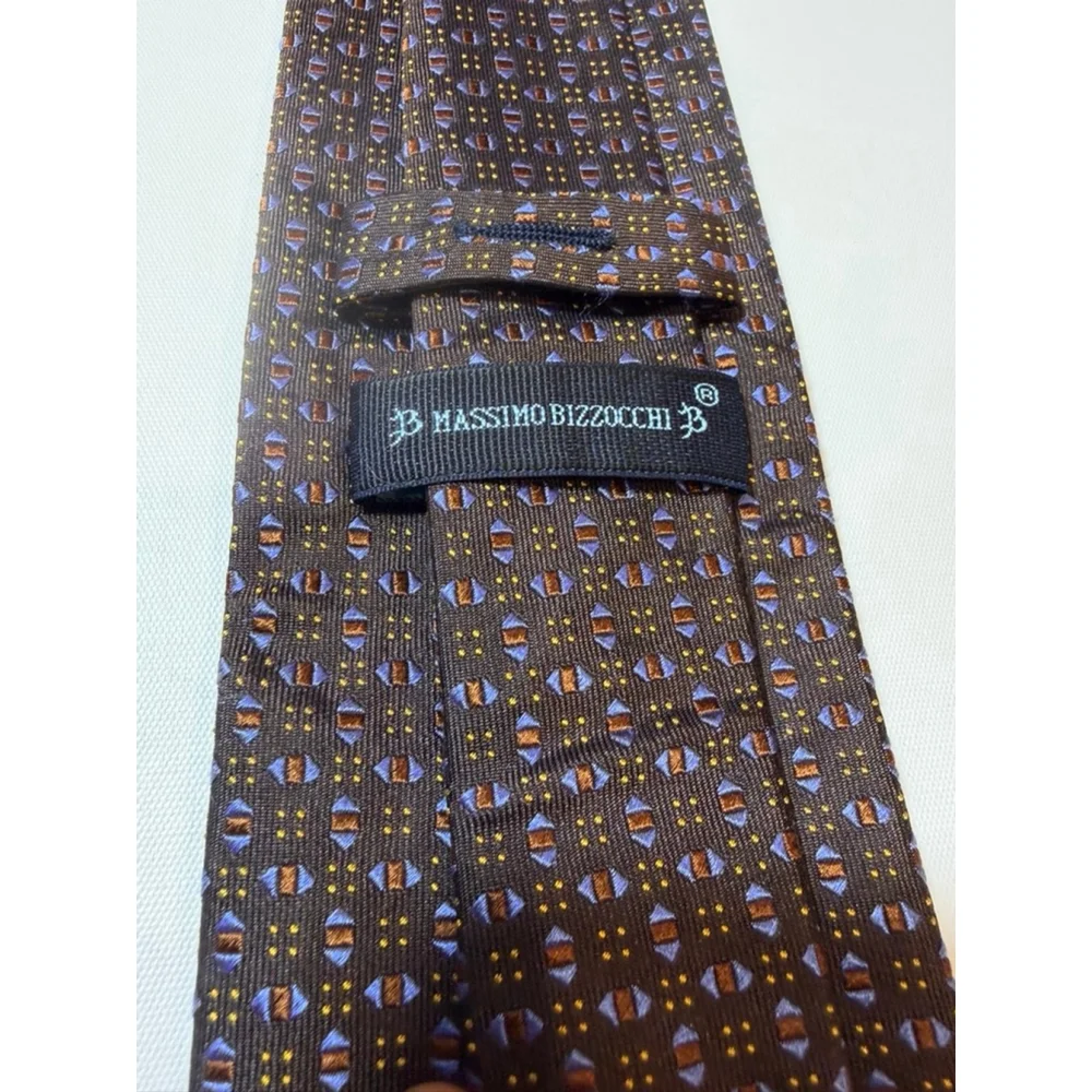 Massimo Bizzochi Silk Tie Italy Brown Blue Geometric Luxury Classic
